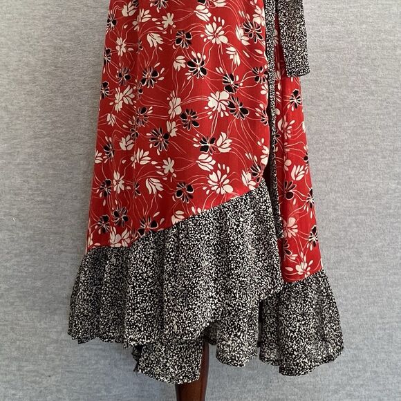 Cato Floral Asymmetrical Ruffle Wrap Dress 16 16W Red Black Cottagecore Romantic - Picture 3 of 14